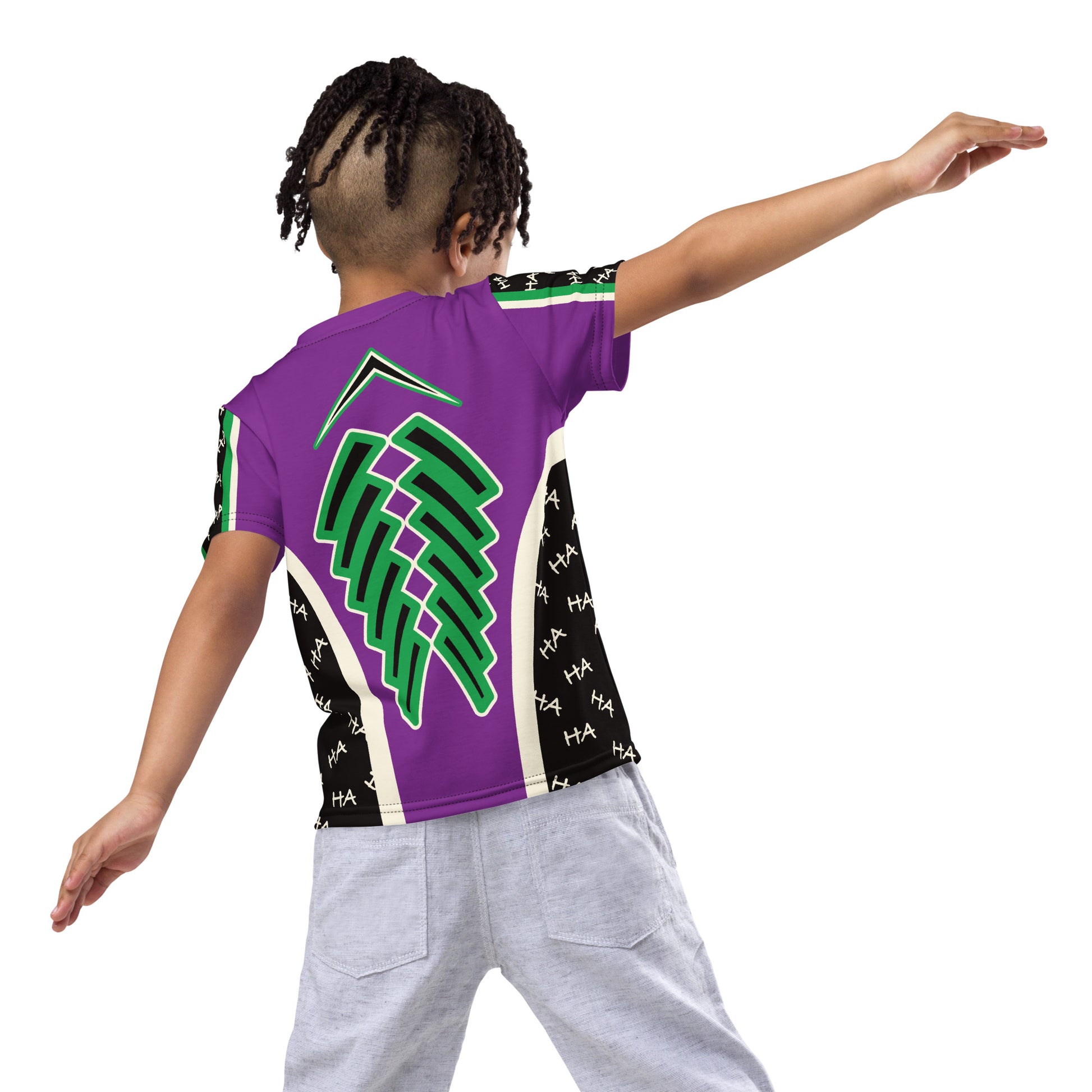 Child wearing a purple, green, and black wrestling-inspired villain cosplay T-shirt with comic-style graphics, perfect for Halloween or fan events.