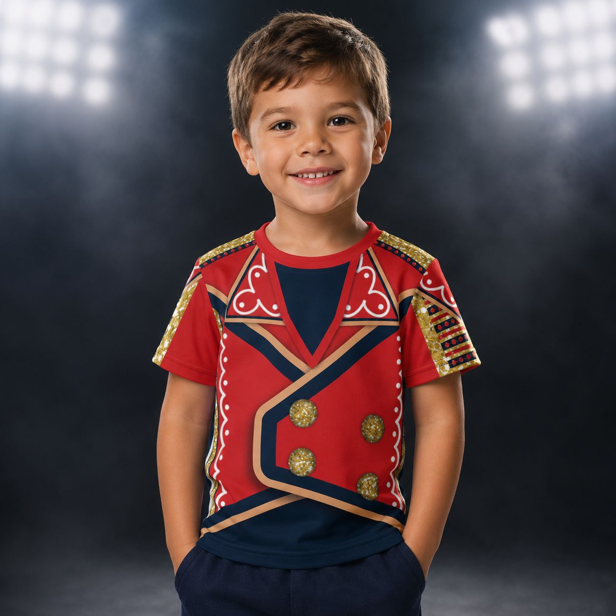 Child wearing a patriotic red and gold military style  wrestling cosplay t-shirt with a dark background