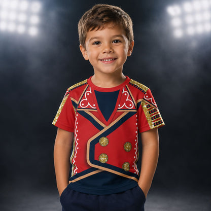 Child wearing a patriotic red and gold military style  wrestling cosplay t-shirt with a dark background