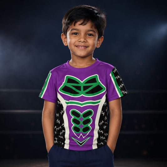 Child wearing a superhero luchador costume in purple and green with a dark background