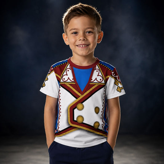 Child wearing a colorful American retro patriotic wrestling cosplay t-shirt against a dark background