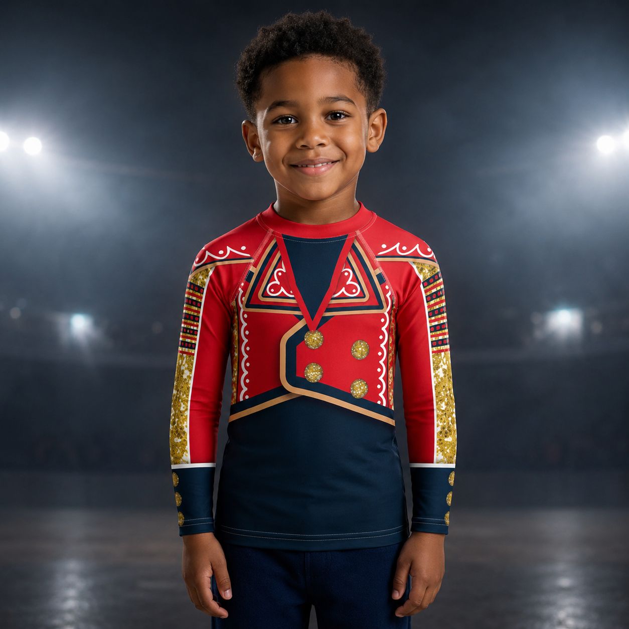 Child wearing an American patriotic red and blue wrestling cosplay rash guard with gold accents in a dark, stadium-like setting.