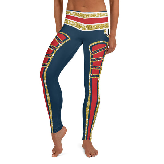 pro-wrestling style tights for women in red, blue, white and gold, printed leggings. Retro 80s cosplay halloween wwe wrestling outfit idea with red inset, ankle length legs and mid rise.