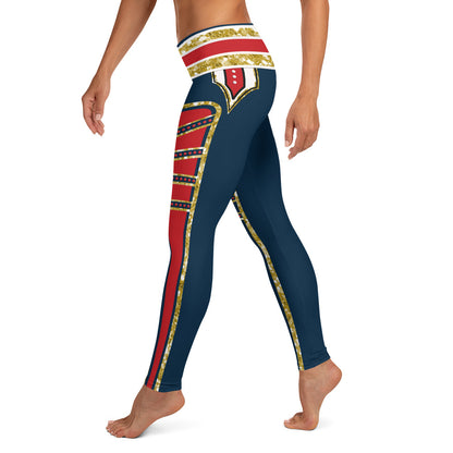 pro-wrestling style tights for women in red, blue, white and gold, printed leggings. Retro 80s cosplay halloween wwe wrestling outfit idea with red inset, ankle length legs and mid rise.