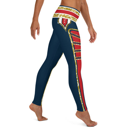 pro-wrestling style tights for women in red, blue, white and gold, printed leggings. Retro 80s cosplay halloween wwe wrestling outfit idea with red inset, ankle length legs and mid rise.