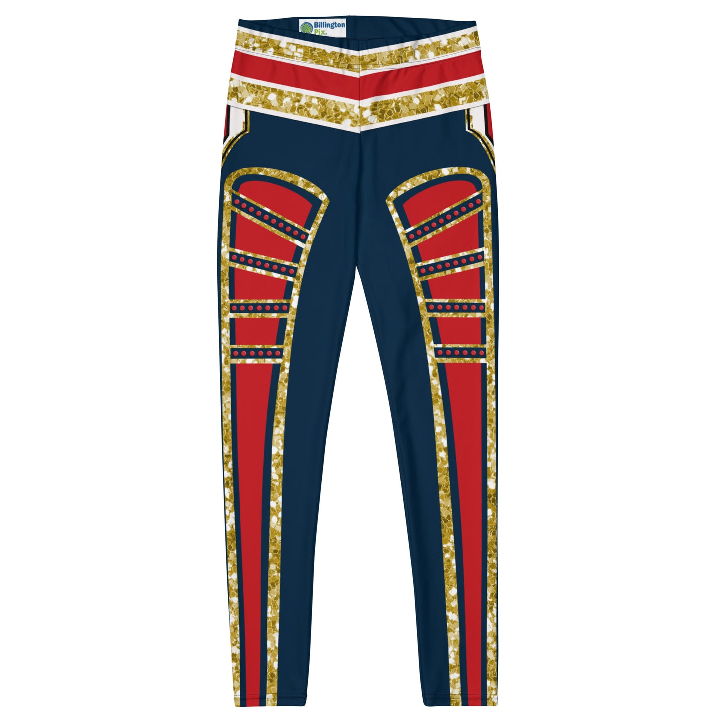 pro-wrestling style tights for women in red, blue, white and gold, printed leggings. Retro 80s cosplay halloween wwe wrestling outfit idea with red inset, ankle length legs and mid rise.