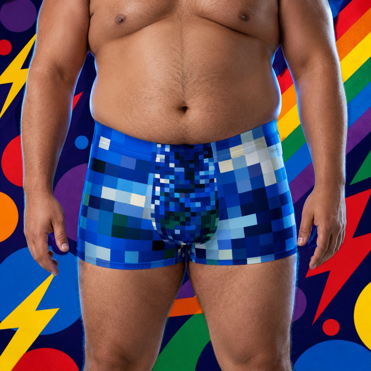 Person wearing blue pixelated boxer briefs against a colorful abstract background