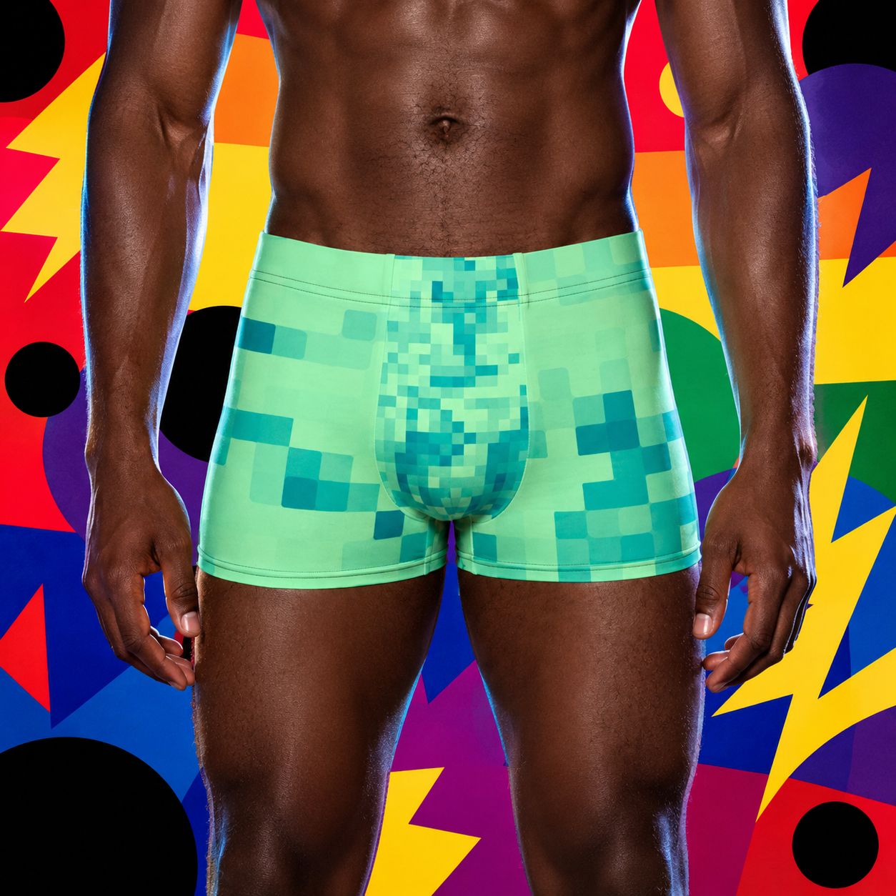 Person wearing green pixelated boxer briefs against a colorful abstract rainbow background