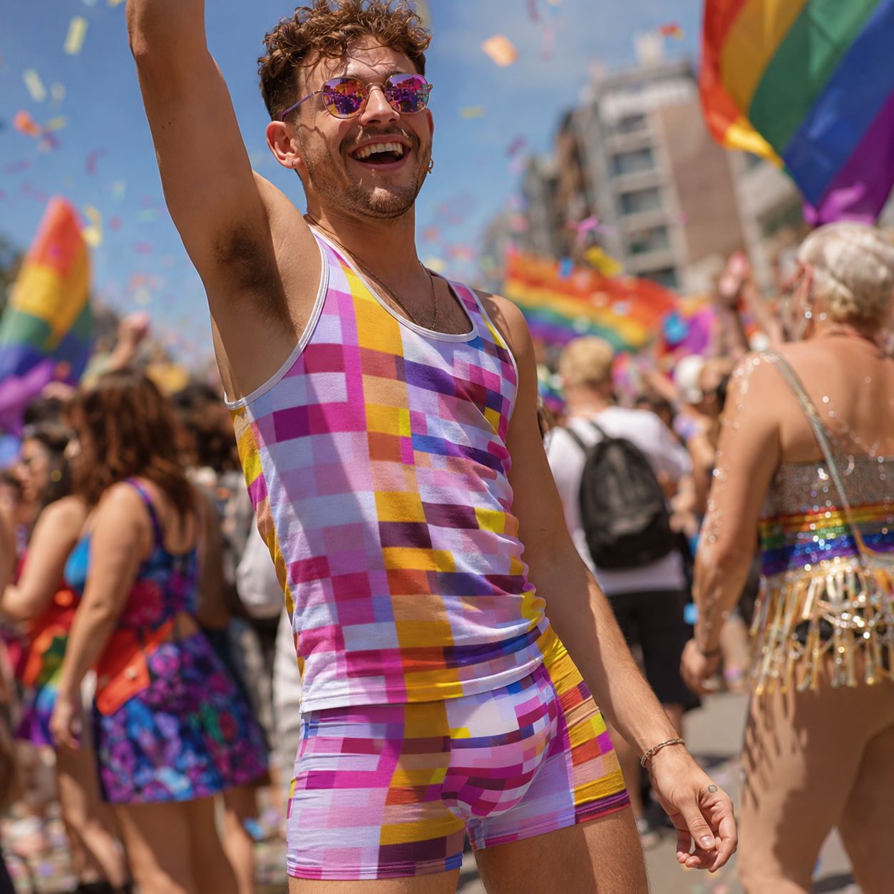 Person in a colorful outfit at a Pride parade with rainbow flags and confetti.