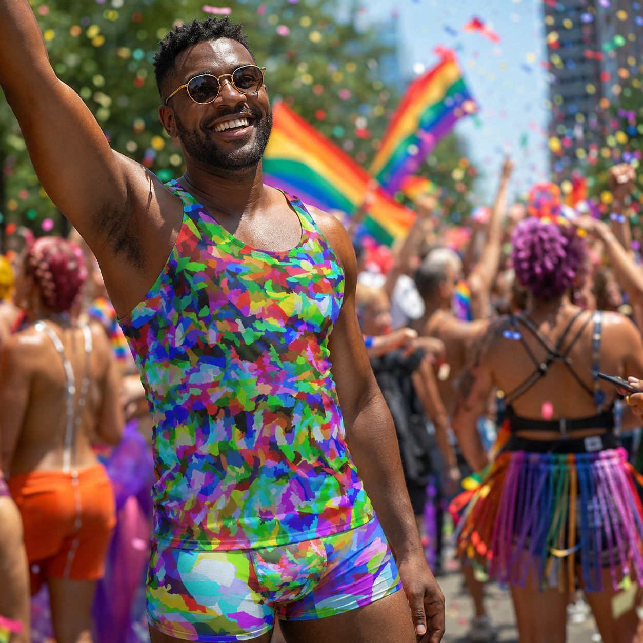 Man in a colorful rainbow camouflage tank top and boxer briefs outfit at a Pride parade with rainbow flags and confetti.