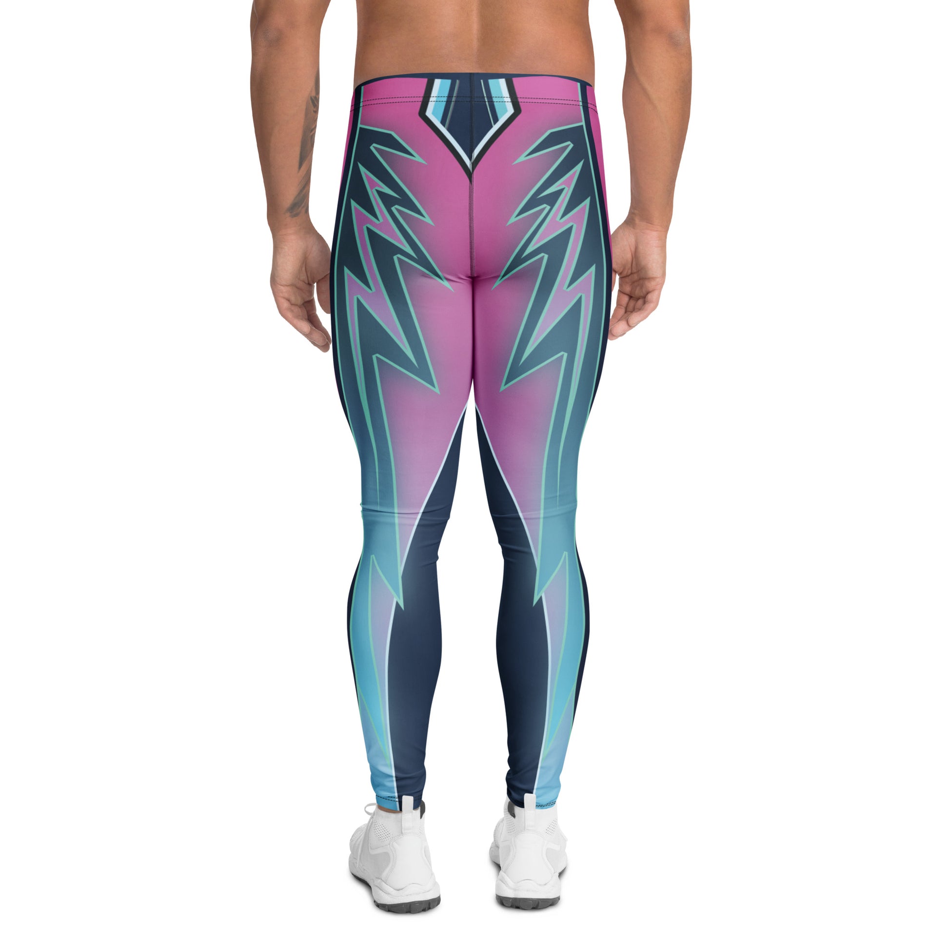 Back view of men’s cyber-speed lightning leggings with wraparound neon panels.
