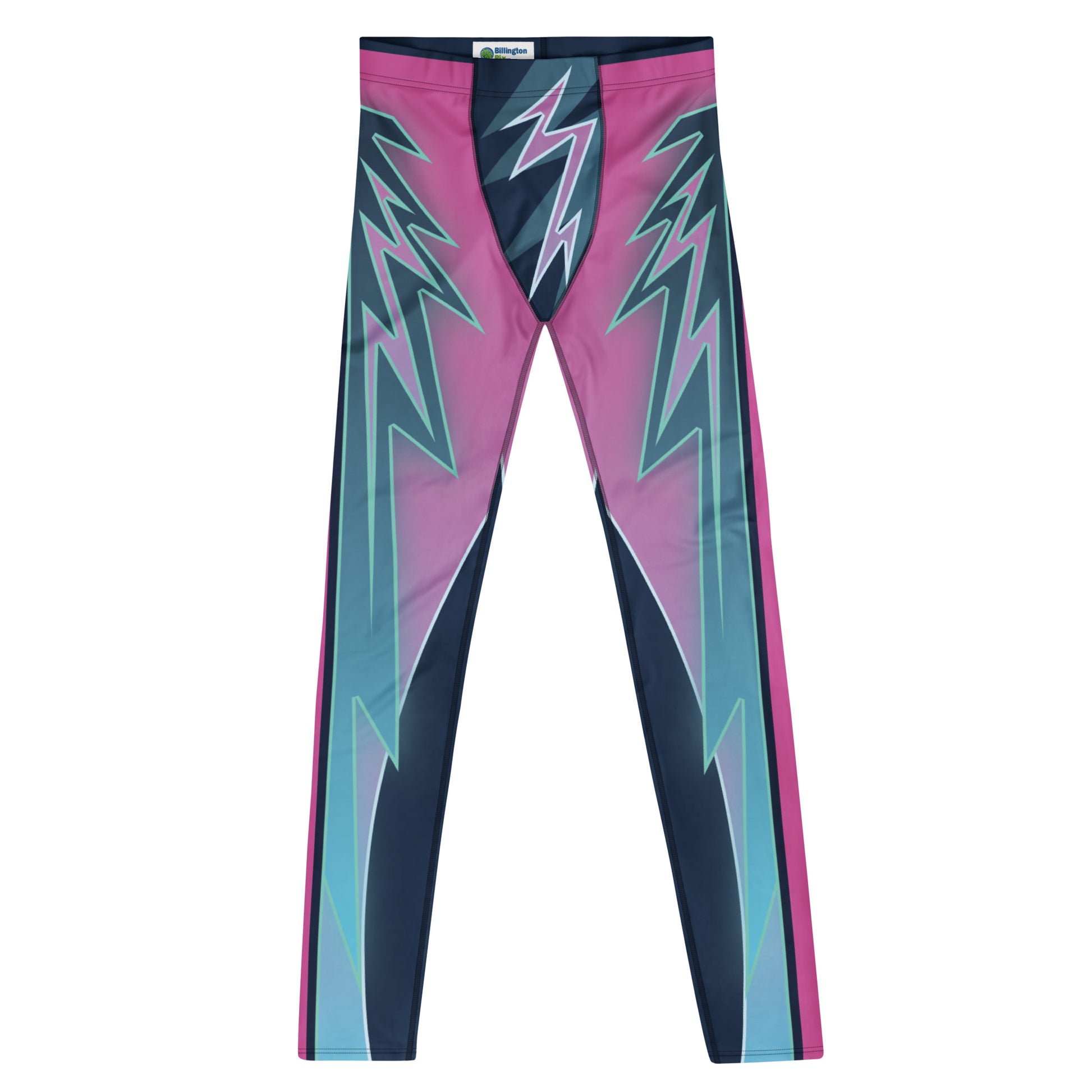 Flat lay front design of lightning-themed men's cosplay leggings.