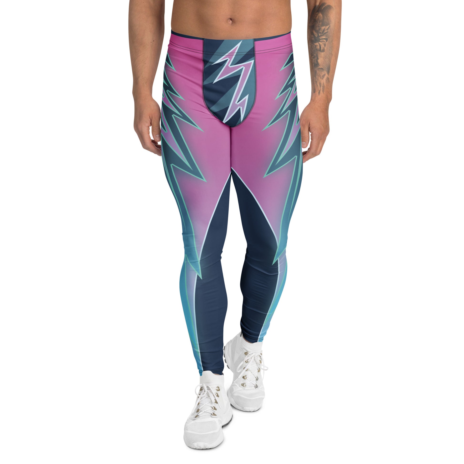 Front view of men’s Blitz Vector neon lightning leggings in pink, teal, and cyan.