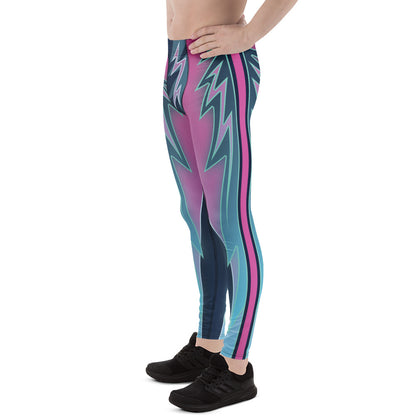 Left leg side view of neon retro-wrestling leggings in teal and pink.