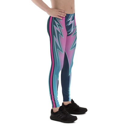 Right leg side view of neon retro-wrestling leggings in teal and pink.