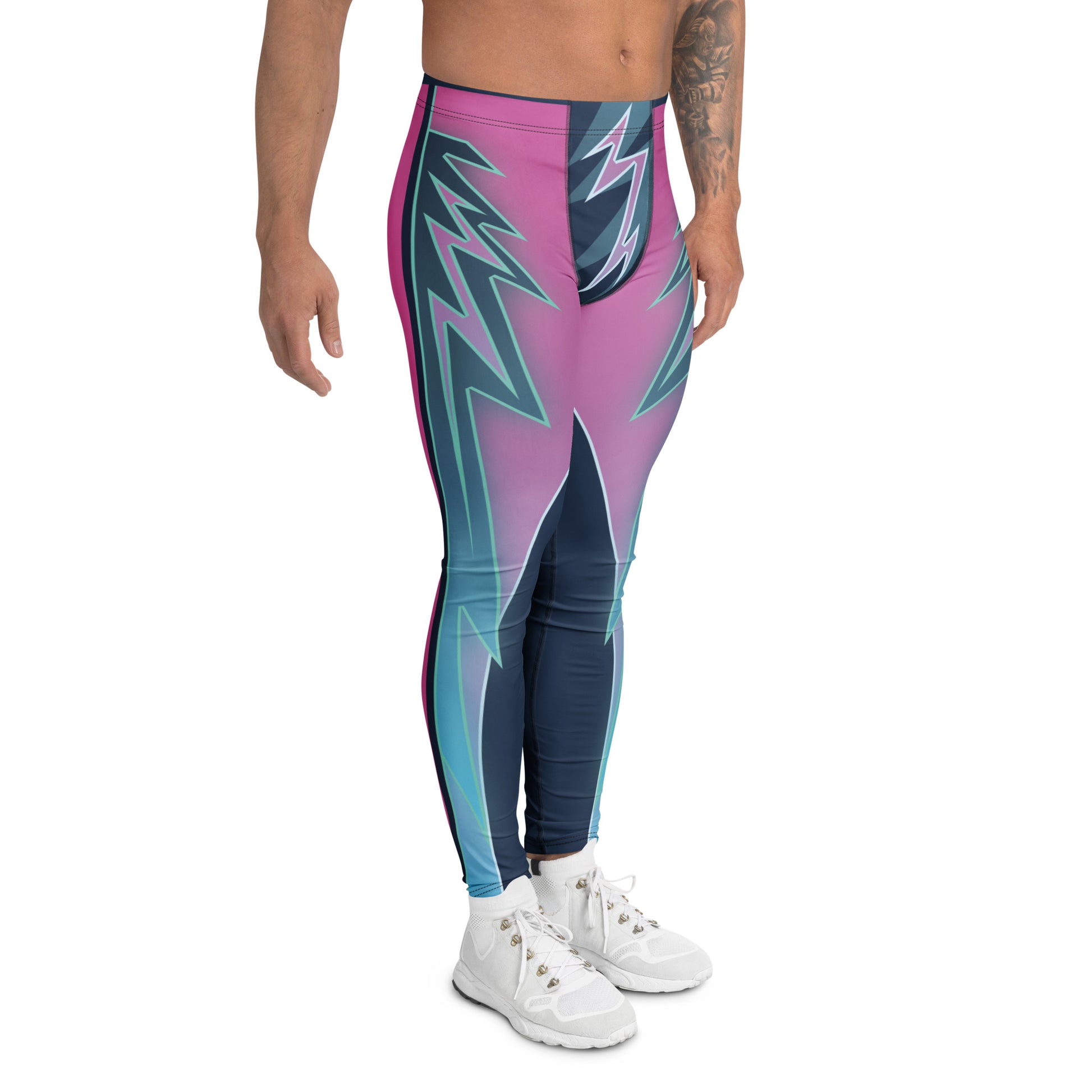 Right leg side view of neon retro-wrestling leggings in teal and pink.