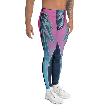 Right leg side view of neon retro-wrestling leggings in teal and pink.