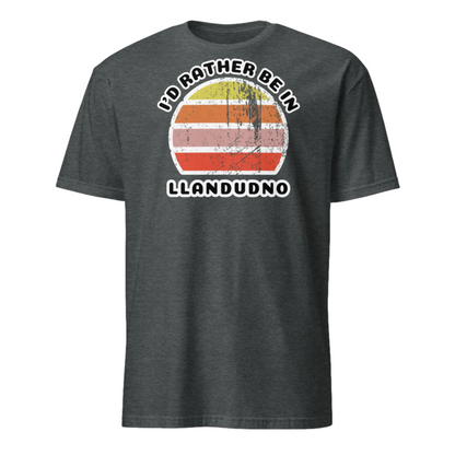 Vintage style distressed effect sunset graphic design t-shirt entitled I'd Rather be in Llandudno on this dark heather cotton tee