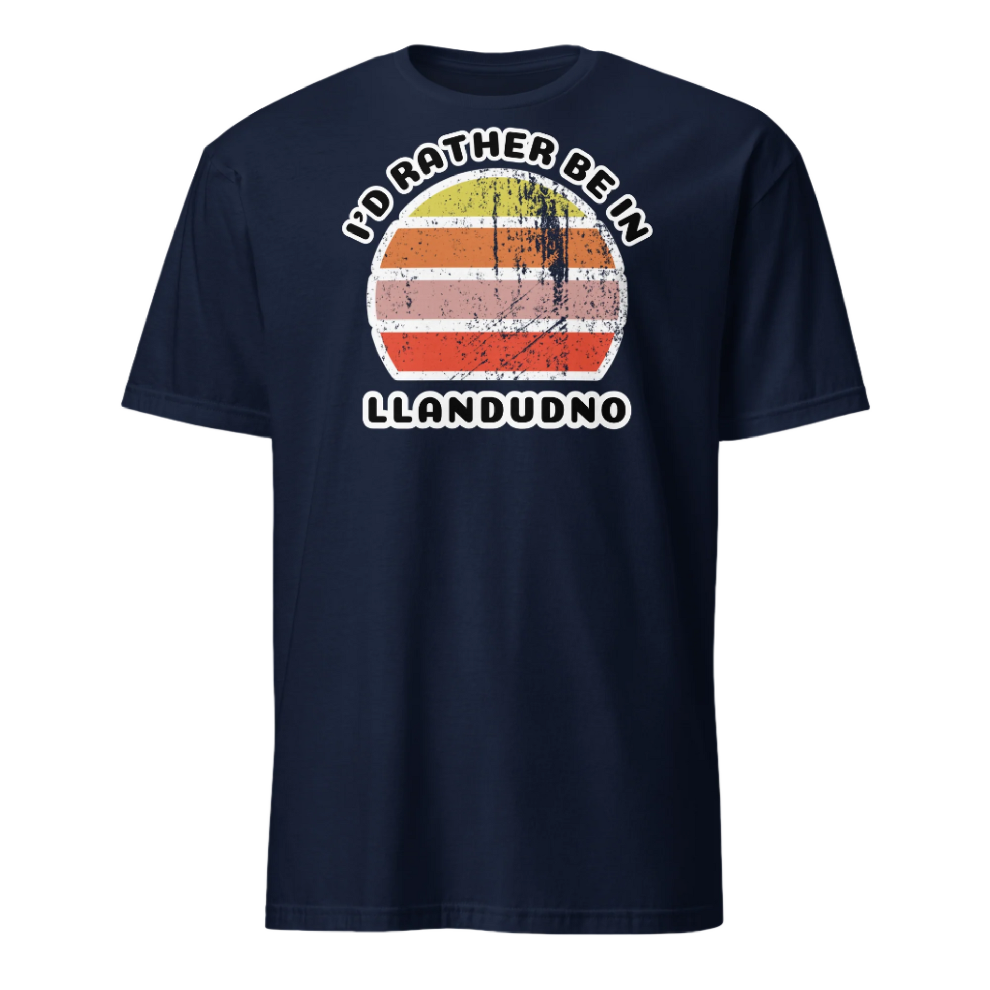 Vintage style distressed effect sunset graphic design t-shirt entitled I'd Rather be in Llandudno on this navy cotton tee