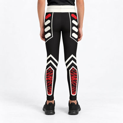 Rear view of a model wearing black leggings with white and red geometric tribal-style patterns, paired with black sneakers, against a plain white studio background.