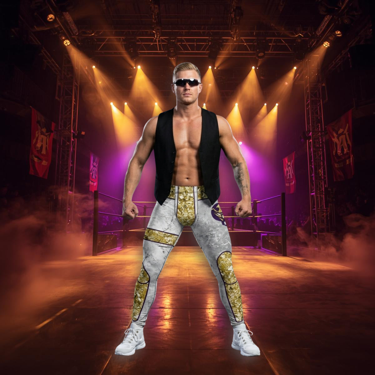 
                Hero banner showing three men wearing bold cosplay-style leggings and wrestling-inspired activewear in a neon ring setting.
              