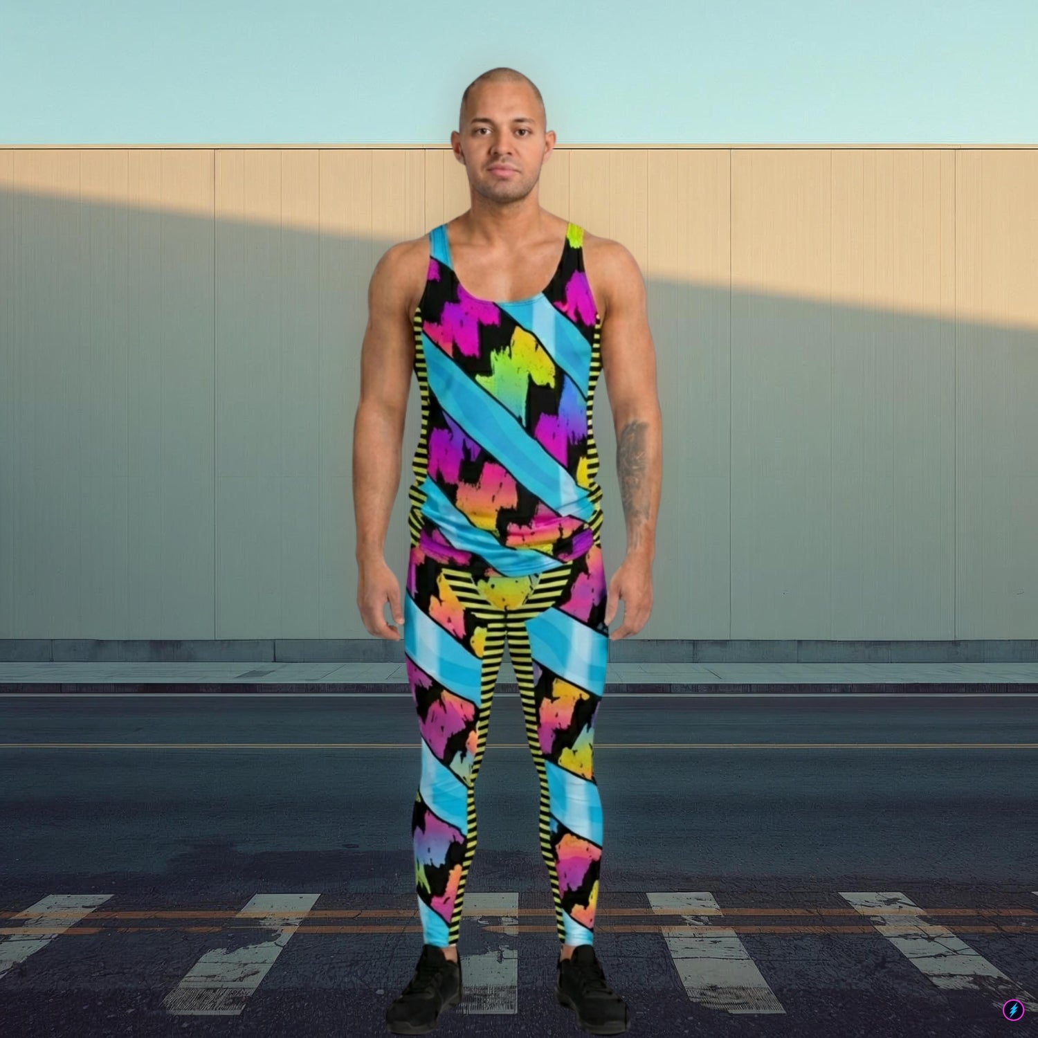 Person wearing a colorful, rainbow patterned outfit standing against a plain wall.