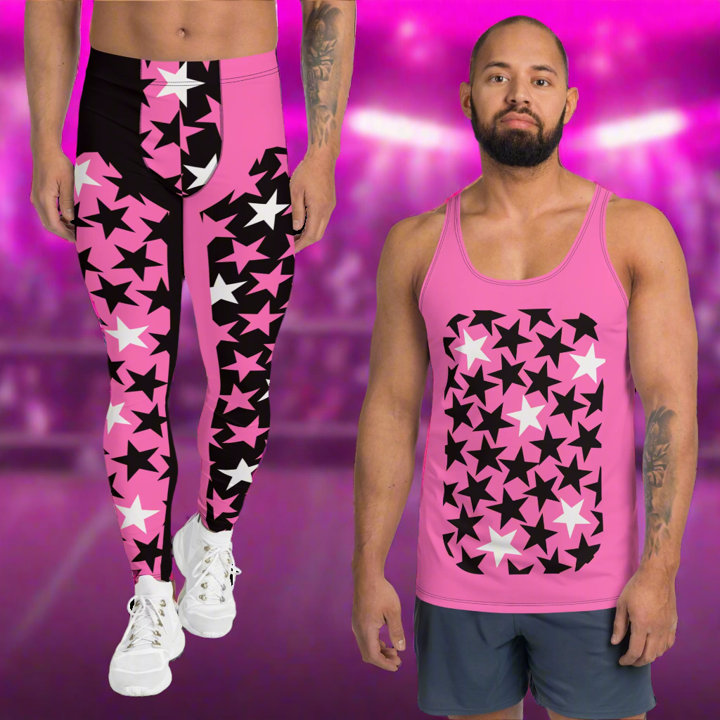 Pro wrestling tights and tank top for men in hot pink with black and white stars. Bundle.