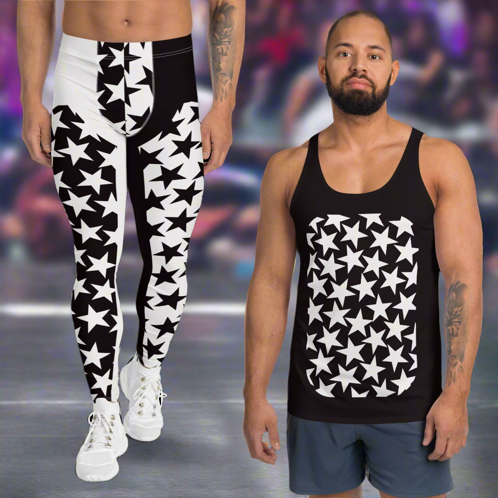 Pro wrestling tights and tank top for men in Lucha Libre black and white stars. Bundle.