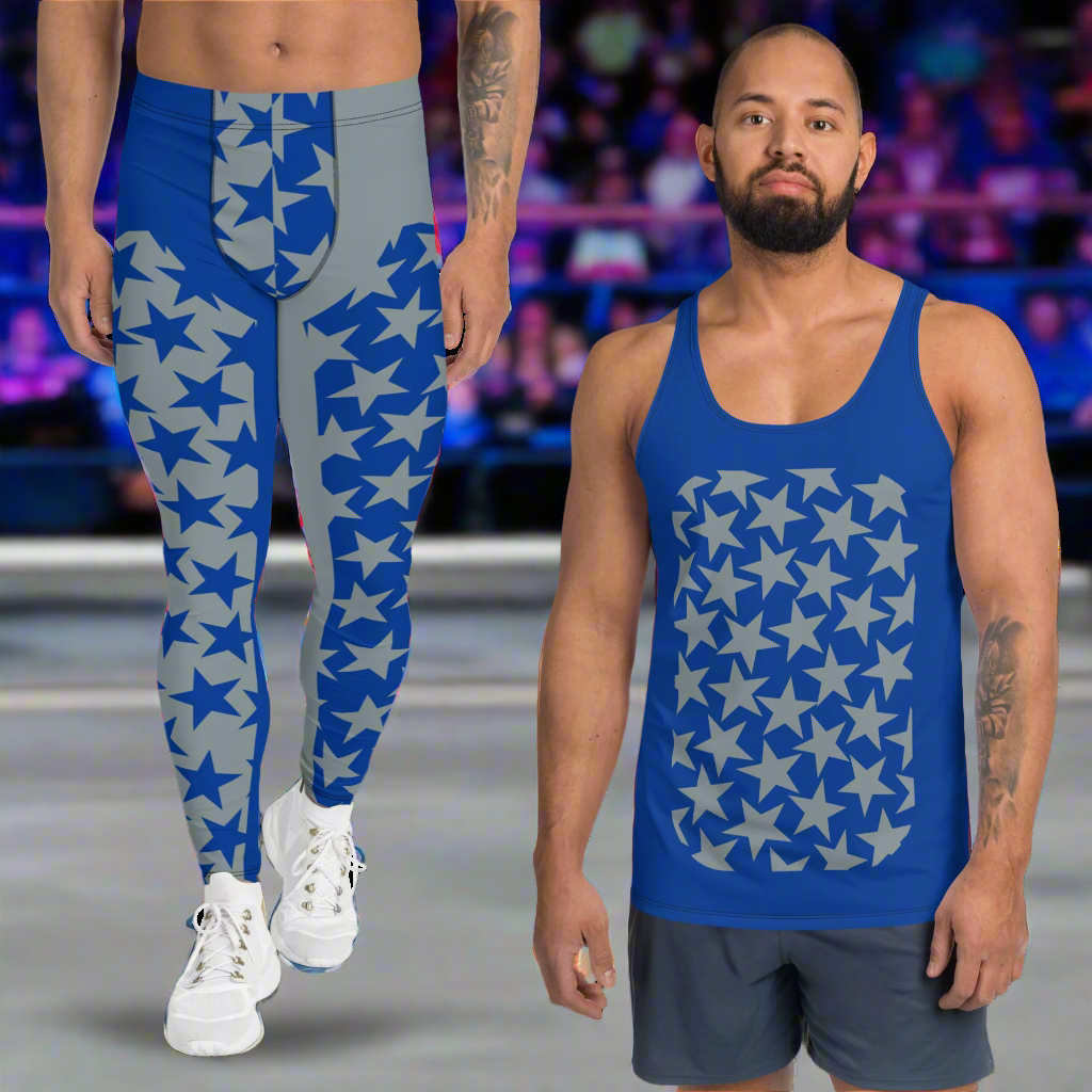 Pro wrestling WWE tournament, in the ring with a crowd watching. Blue and silver pro-wrestling long tights and matching tank top for men.