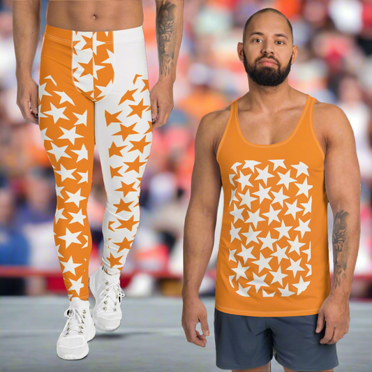 Mens matching tank top and pro wrestling tights in orange and white stars with alternating background and cut out insets.