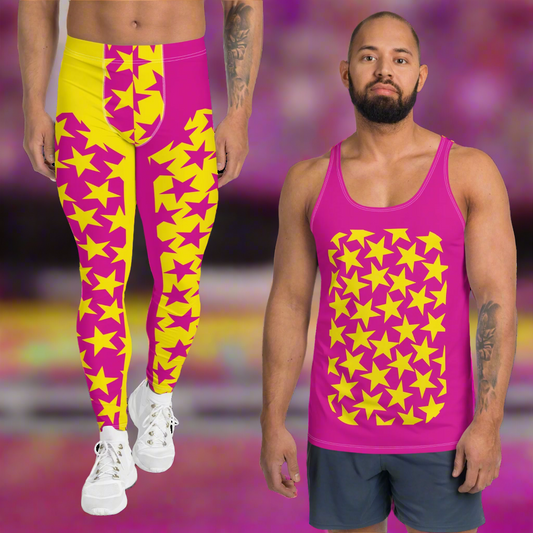 Pro wrestling long tights for men in pink and yellow  with split color on each legs, insets containing alternative colored stars. Pink tank top for men with inset of yellow stars. Halloween cosplay outfit against a pink WWE ring background.