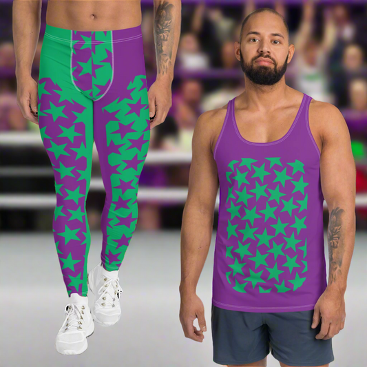 Pro wrestling long tights for men and matching tank top in purple and green stars as a bundle. At a WWE wrestling tournament, in a ring with a rowdy crowd.