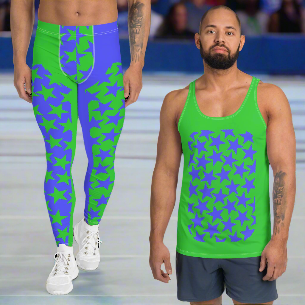 WWe inspired lucha libre pro wrestling costume in blue and green stars with alternating colors. 