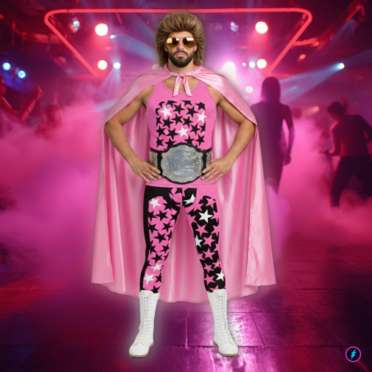 
                Man in neon wrestling Halloween costume wearing printed leggings and shirt at a party, BillingtonPix cosplay outfit.
              