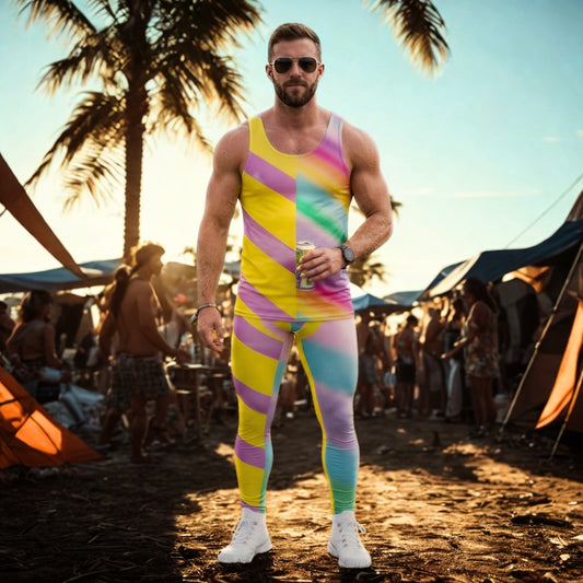 Man wearing a colorful striped pastel retro wrestling outfit at a music festival with tents and palm trees in the background.