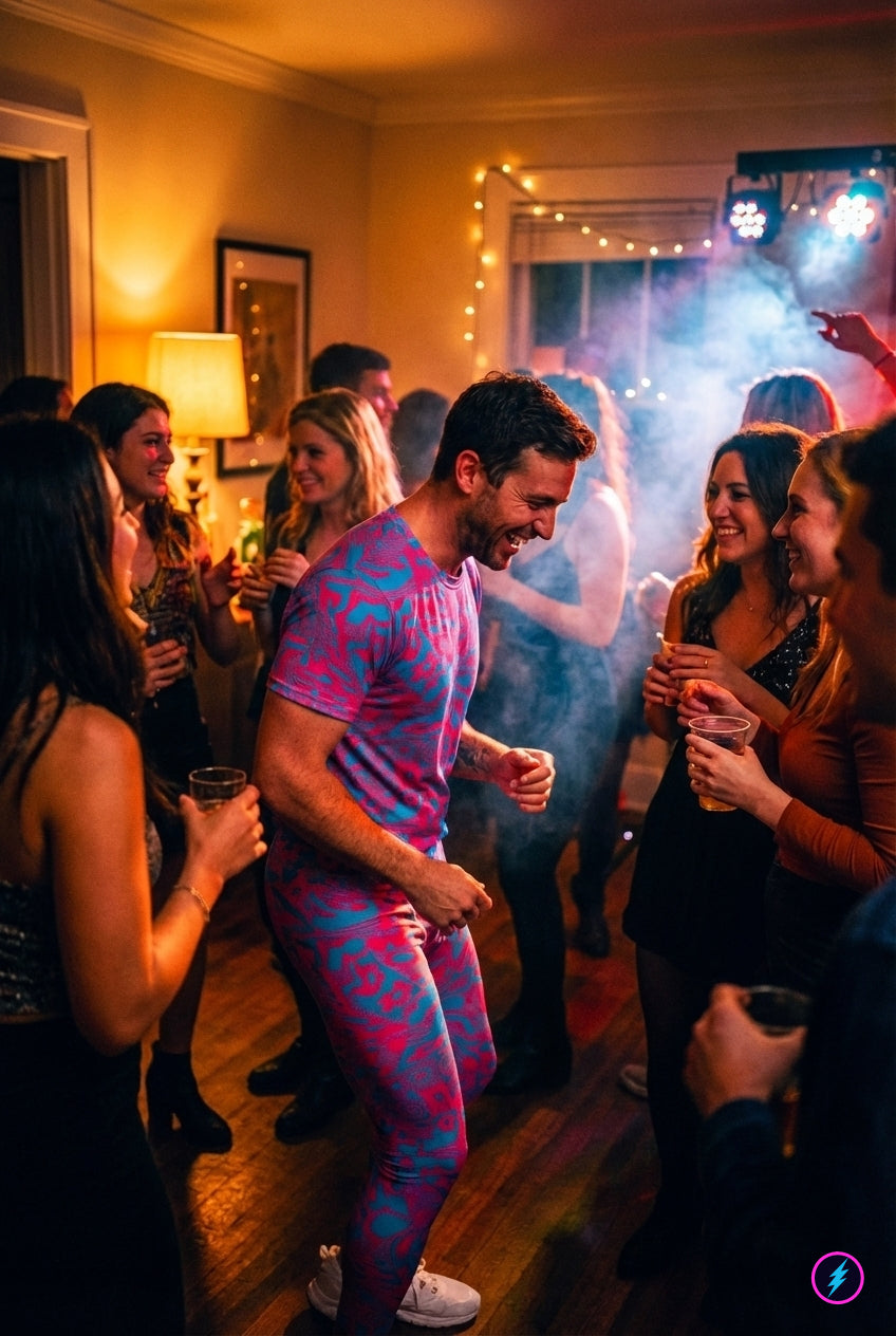 People dancing in a room with colorful lighting and decorations. He is wearing a glitchcore outfit of purple and red glitchcore fashion meggings and t-shirt.