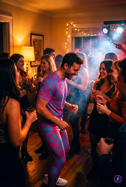 People dancing in a room with colorful lighting and decorations. He is wearing a glitchcore outfit of purple and red glitchcore fashion meggings and t-shirt.
