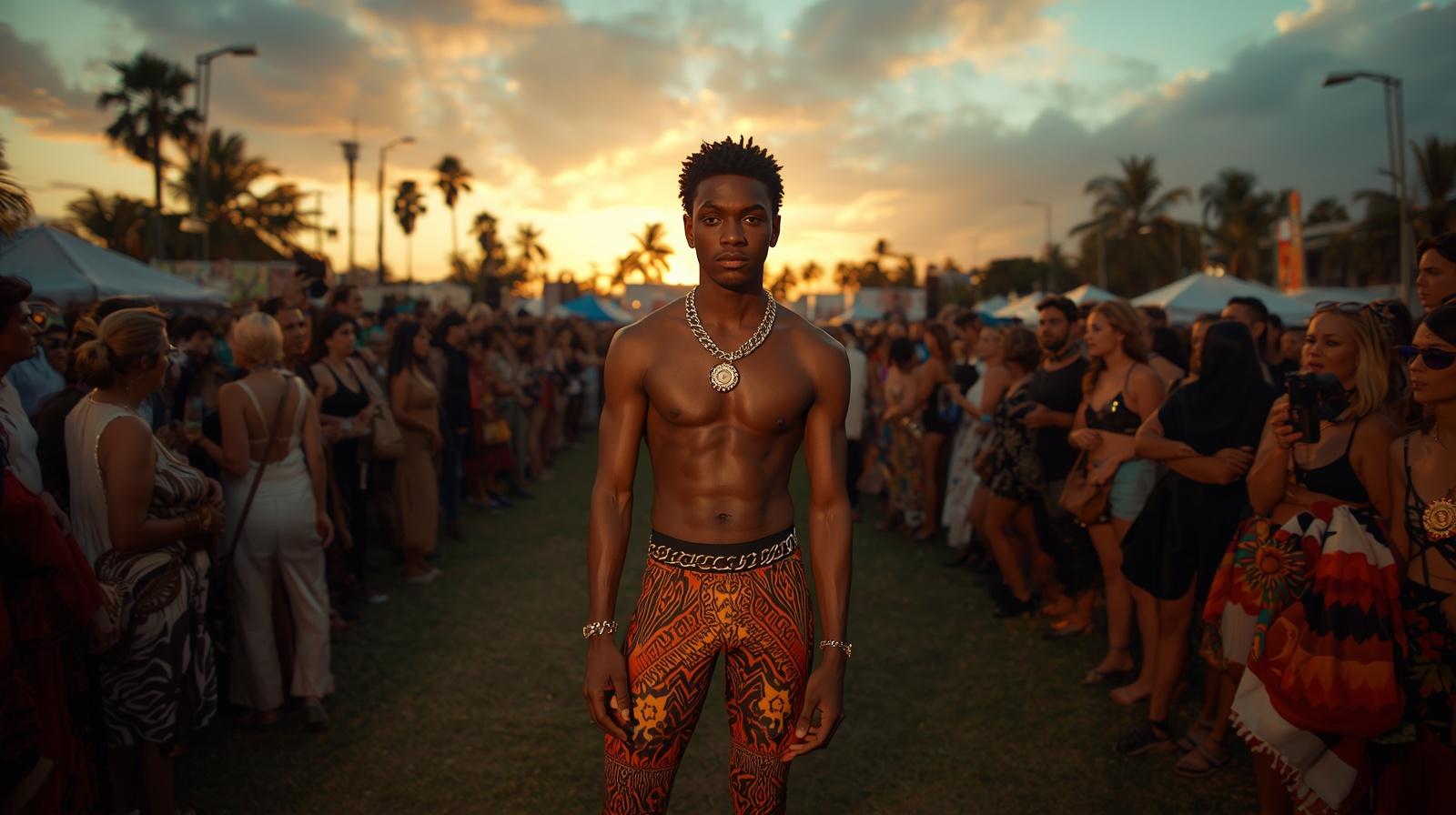 
                Hombre en un concierto de Burning Man vistiendo mallas ajustadas estilo lucha libre retro. Atardecer y multitudes con mucho entusiasmo.
              