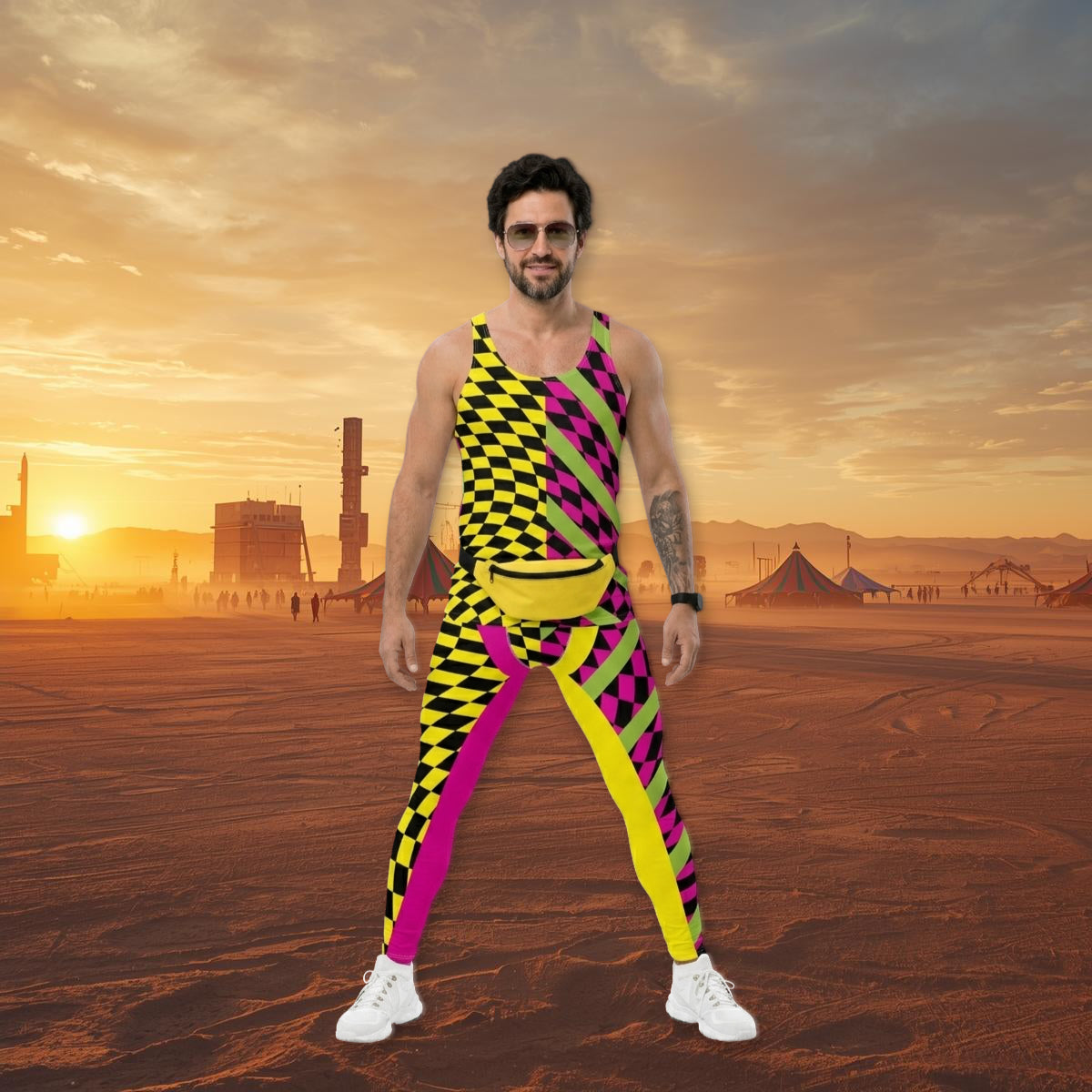 Man wearing a colorful outfit with the burning man desert landscape and sunset in the background