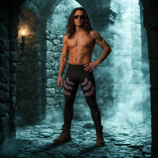 Man in gothic black leggings with purple bird designs standing in a medieval stone archway.