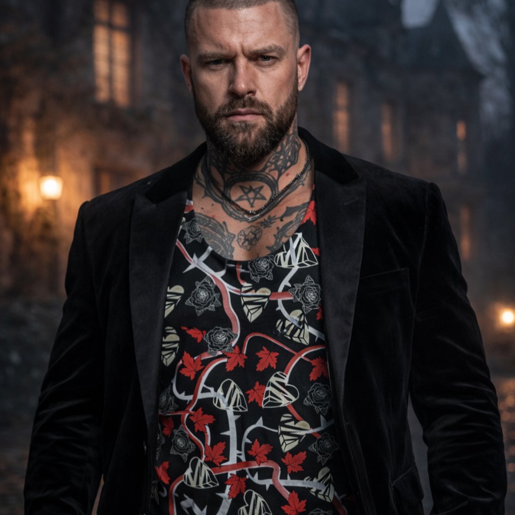 Man with tattoos wearing a black jacket over a roses and hearts t-shirt in a dark, moody setting.