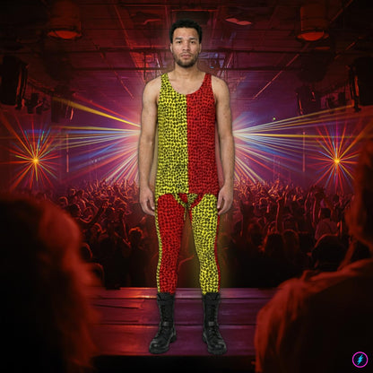 Person wearing a red and yellow leopard skin pro wrestling style outfit on a stage with colorful lights and a crowd.