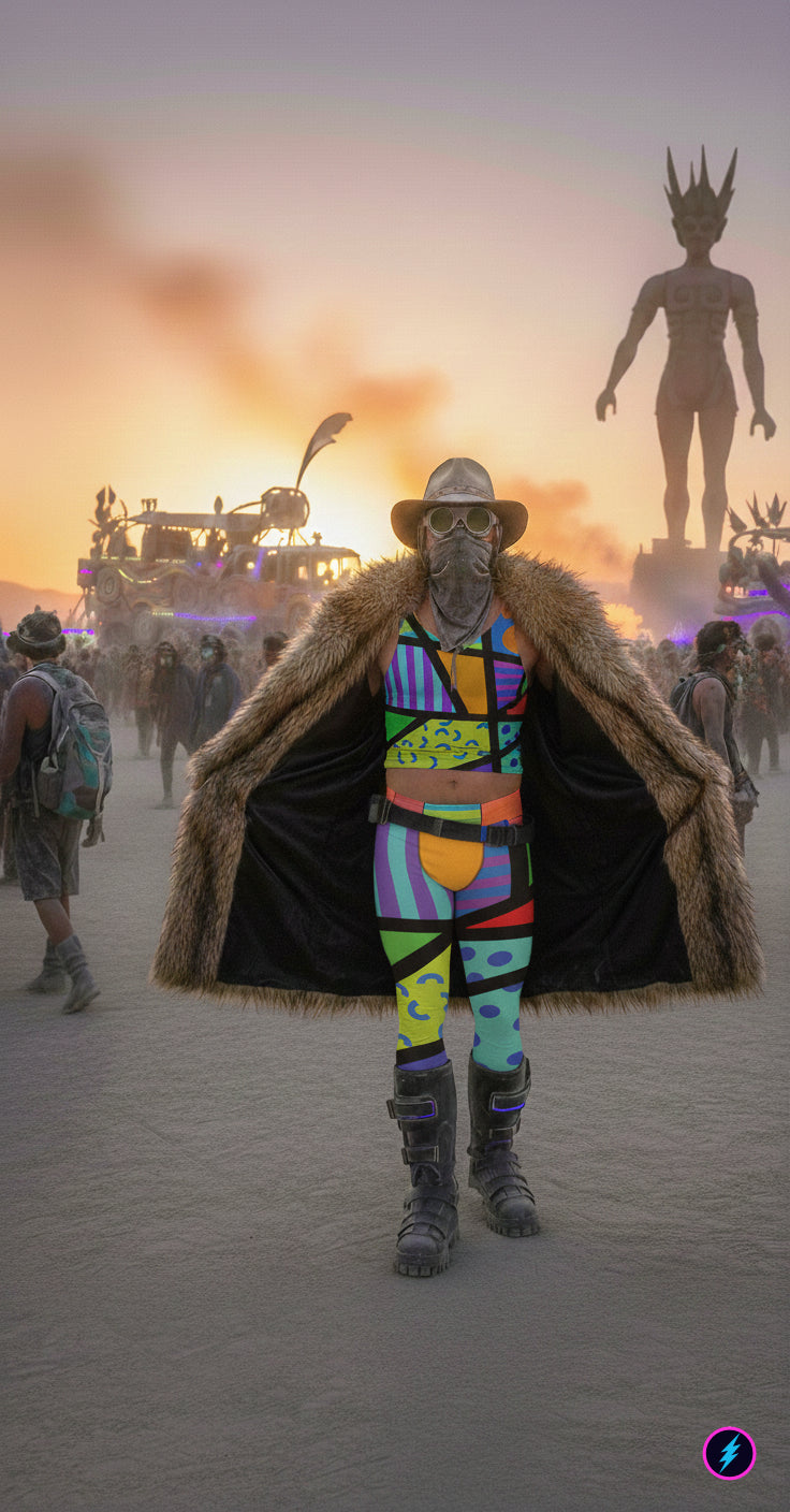 Man wearing fashion meggings at Burning Man festival