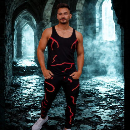 Man wearing a black tank top and pants with red molten designs in a gothic stone archway.
