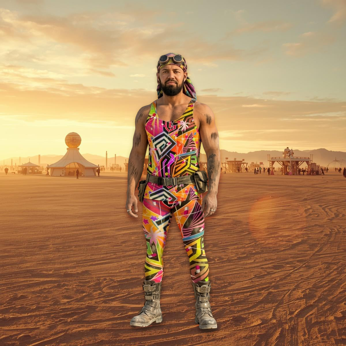 Man wearing a colorful pro wrestling outfit at Burning Man playa desert with a sunset sky