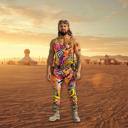 Man wearing a colorful pro wrestling outfit at Burning Man playa desert with a sunset sky