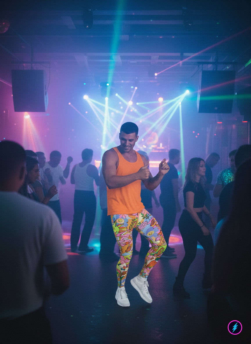 Man wearing orange jungle patterned fashion meggings, dancing in a club with colorful lights and people in the background