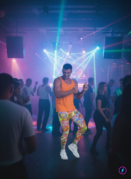 Man wearing orange jungle patterned fashion meggings, dancing in a club with colorful lights and people in the background