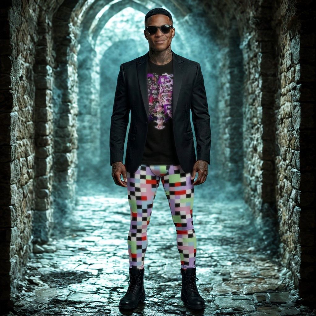 Man wearing a black blazer, skelton t-shirt and pastel goth checked pants in a gothic stone archway