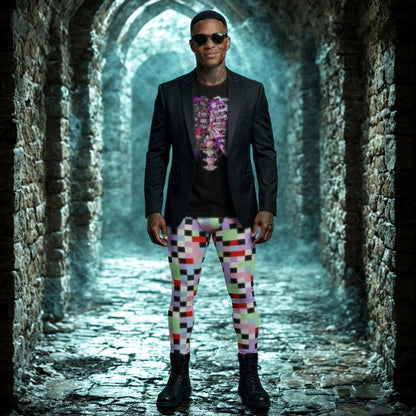Man wearing a black blazer, skelton t-shirt and pastel goth checked pants in a gothic stone archway